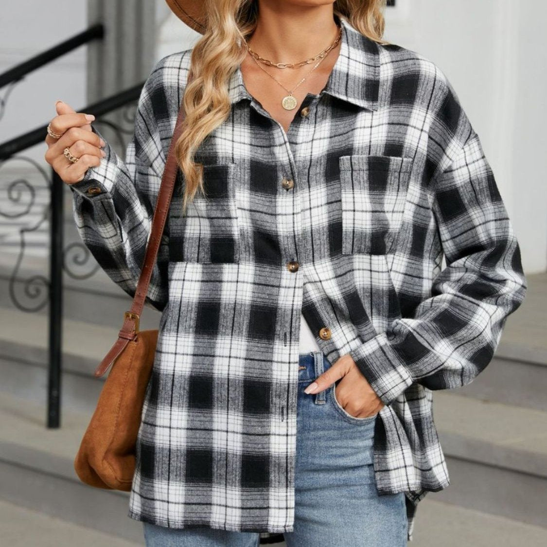 Women's Plaid Shirt - Button-Front with Chest Pockets
