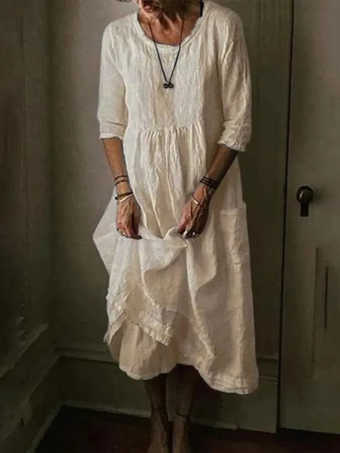 Loose Fit Linen Midi Dress for Women