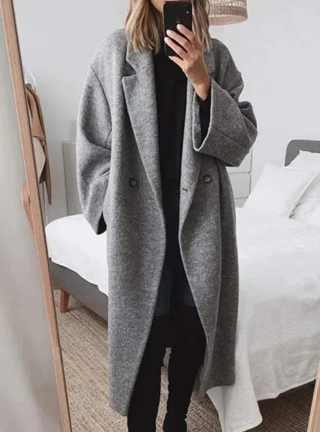 Women's Long Winter Coat - Notch Lapel Single-Button Closure