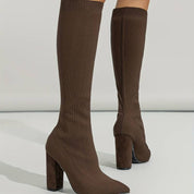 Women's Knee-High Boots - Sock Fit with Pointed Toe and High Block Heel
