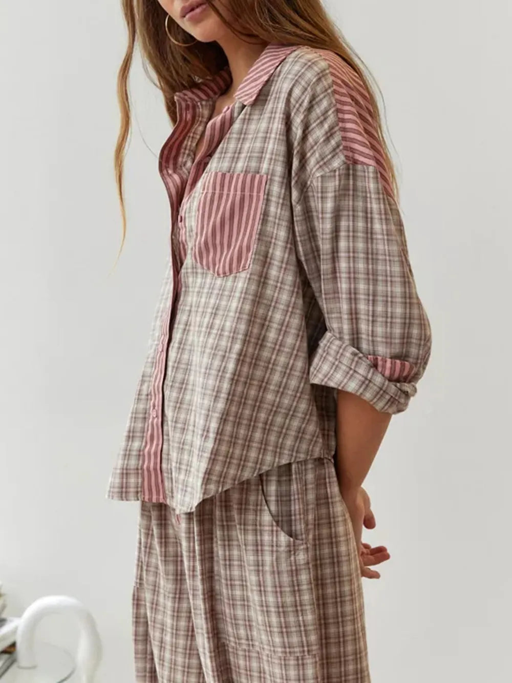 Women's Two-Piece Pyjama Set - Striped with Checked Trim