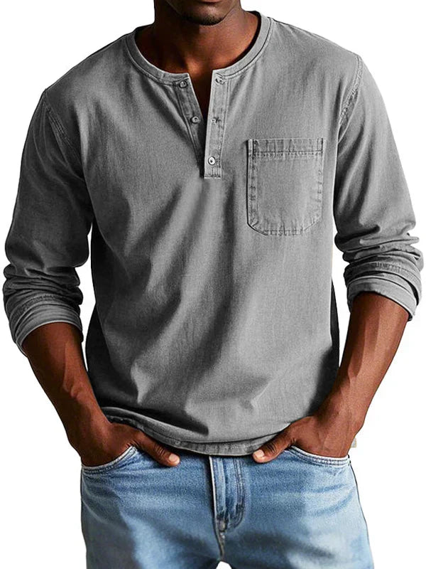 Men's Long Sleeve Shirt - Henley Neck and Chest Pocket