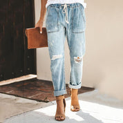 Women's Straight-Leg Jeans - Drawstring Waist & Patch Pockets