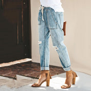 Women's Straight-Leg Jeans - Drawstring Waist & Patch Pockets