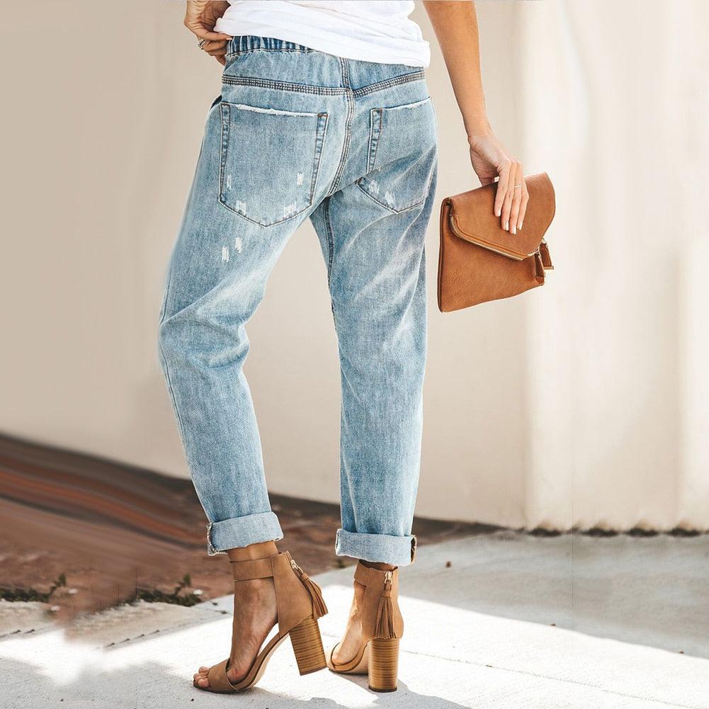 Women's Straight-Leg Jeans - Drawstring Waist & Patch Pockets