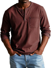 Men's Long Sleeve Shirt - Henley Neck and Chest Pocket