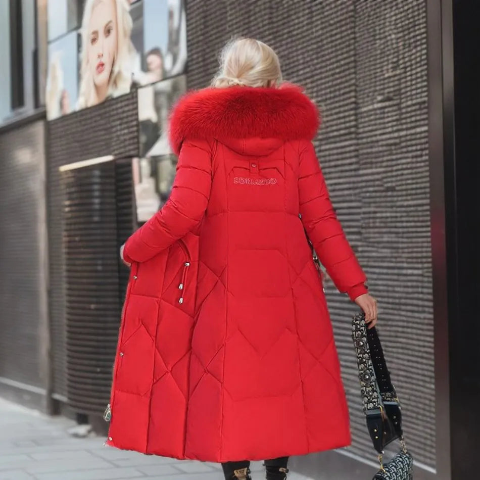 Women's Long Winter Parka - Fluffy Trim Hooded Design