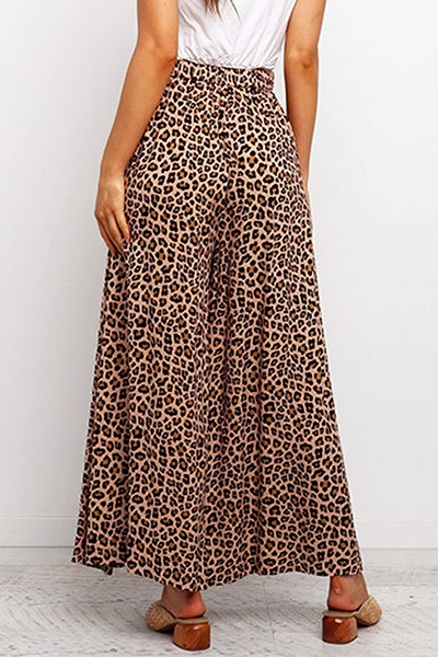 Women's Leopard Print Capri Trousers - High Waist Wide Leg