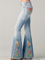 Women's Ombre Floral Flared Jeans - High-Waisted Fit