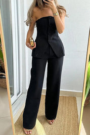 Elegant Strapless Wide-Leg Trouser Set with Tailored Bodice Top for Women