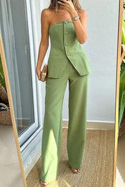 Elegant Strapless Wide-Leg Trouser Set with Tailored Bodice Top for Women