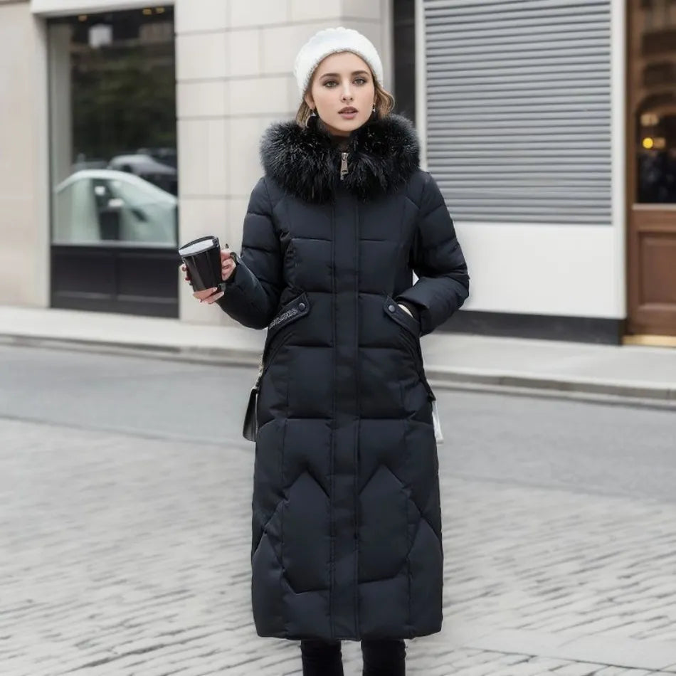 Women's Long Winter Parka - Fluffy Trim Hooded Design