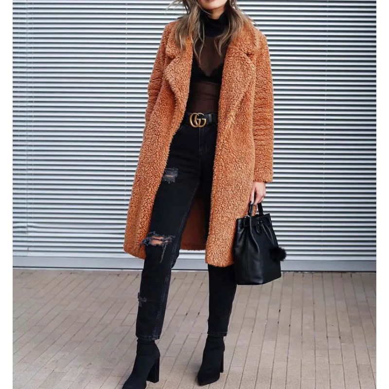 Women's Coat - Fuzzy Texture with Notch Lapel