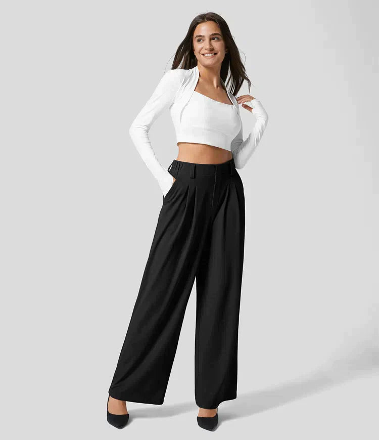 Women's Wide Leg Work Trousers - High-Waisted & Pleated