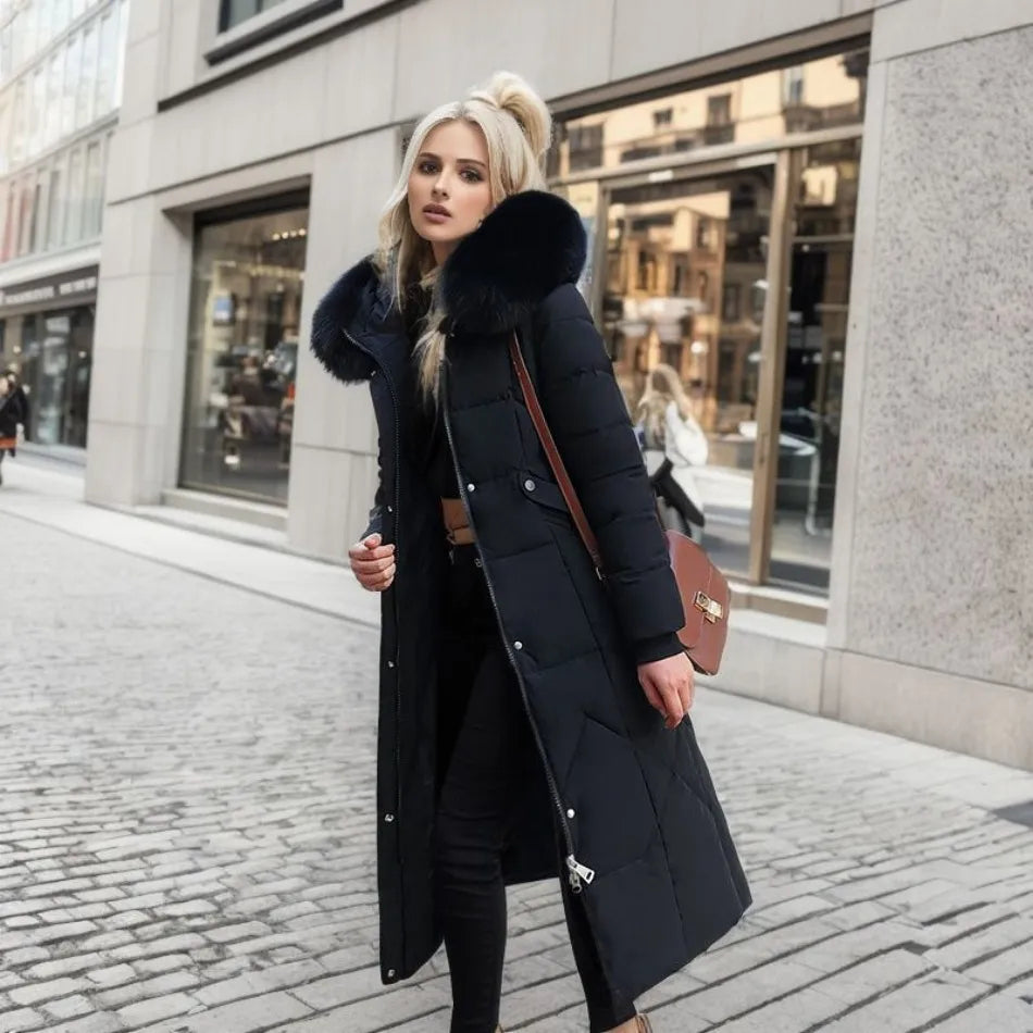 Women's Long Winter Parka - Fluffy Trim Hooded Design