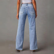 Women's Blue Flared Wide Leg Jeans - High-Rise & Front Seam Detail