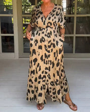 Women's Stylish Leopard Print Dress - Button Front V-Neck