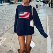 Women's Blue Jumper - American Flag Graphic with Oversized Fit