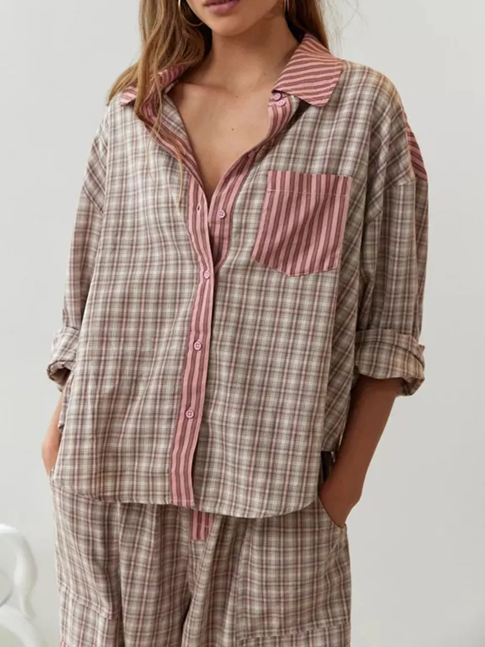 Women's Two-Piece Pyjama Set - Striped with Checked Trim