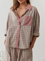 Women's Two-Piece Pyjama Set - Striped with Checked Trim