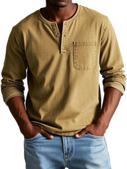 Men's Long Sleeve Shirt - Henley Neck and Chest Pocket