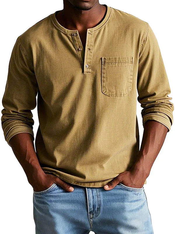 Men's Long Sleeve Shirt - Henley Neck and Chest Pocket