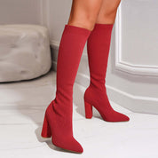 Women's Knee-High Boots - Sock Fit with Pointed Toe and High Block Heel
