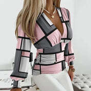 Women's Long-Sleeved Blouse - Deep V-Neck Style