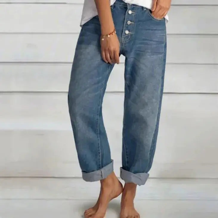 Women's Boyfriend Wide Leg Jeans - Mid-Rise & Cuffed Style