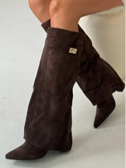 Women's Fold-Over Knee High Boots - Wide Leg with Block Heel and Pointed Toe