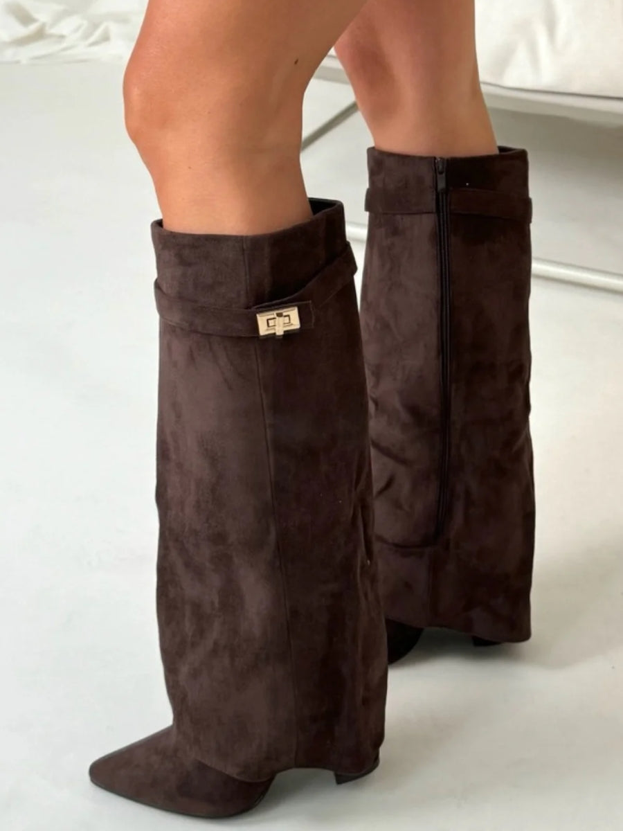 Women's Fold-Over Knee High Boots - Wide Leg with Block Heel and Pointed Toe