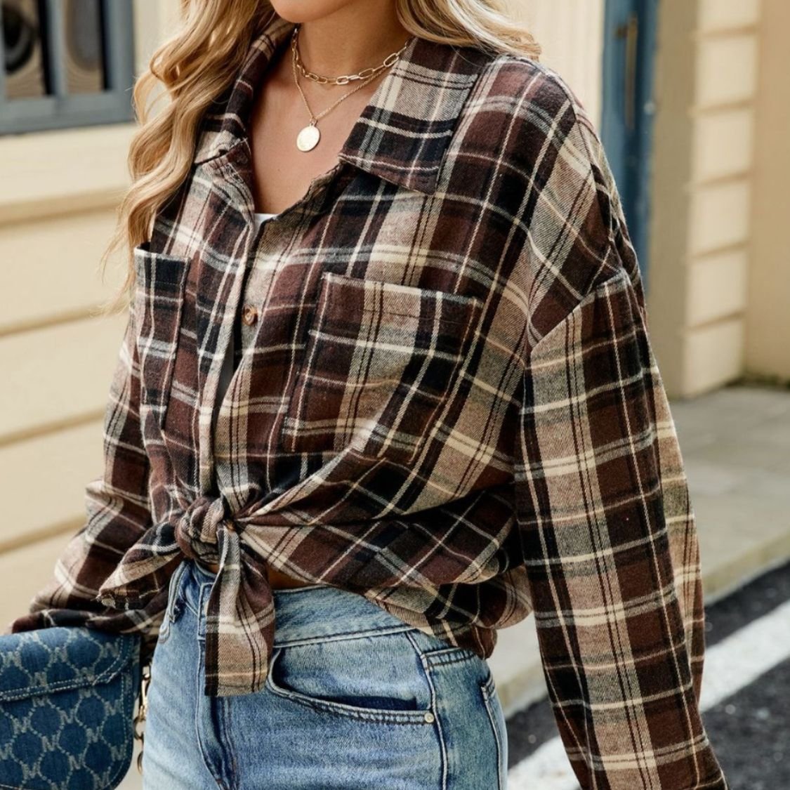 Women's Plaid Shirt - Button-Front with Chest Pockets