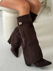 Women's Fold-Over Knee High Boots - Wide Leg with Block Heel and Pointed Toe