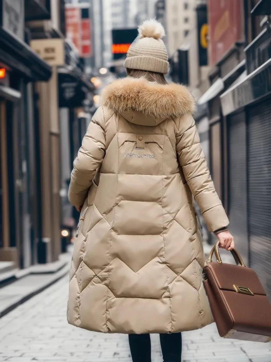 Women's Long Winter Parka - Fluffy Trim Hooded Design