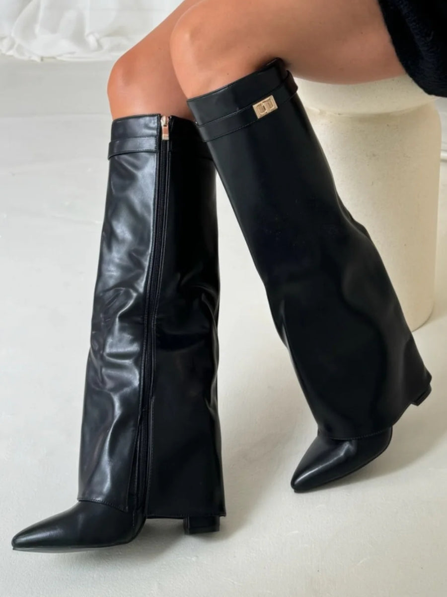 Women's Fold-Over Knee High Boots - Wide Leg with Block Heel and Pointed Toe