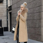 Women's Long Winter Parka - Fluffy Trim Hooded Design