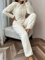 Women's White Onesie - Plush Quilted Hooded Jumpsuit with Zip