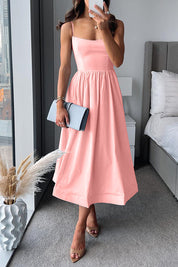 Elegant Fit & Flare Midi Dress - Wedding Guest Dress with Square Neck & Spaghetti Straps