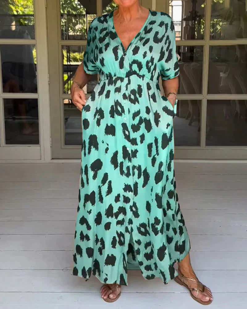 Women's Stylish Leopard Print Dress - Button Front V-Neck
