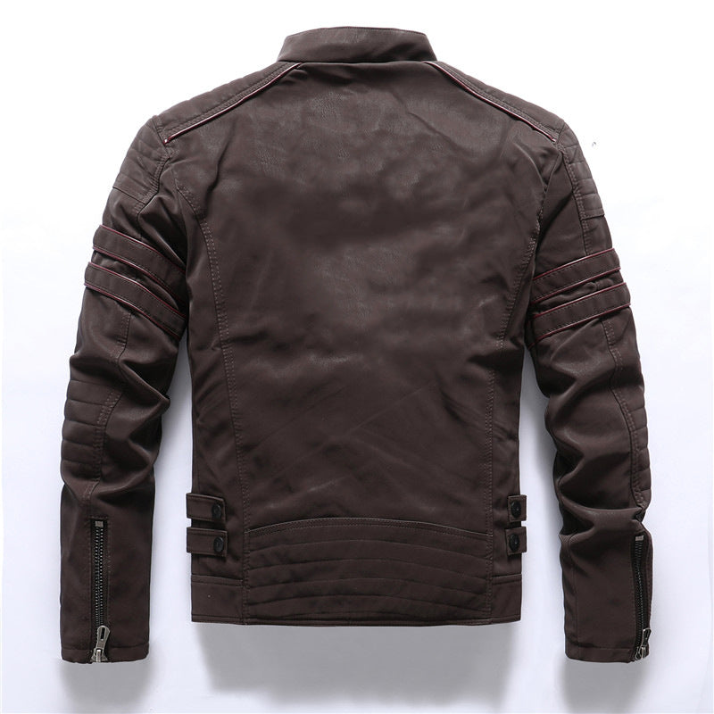 Men's Biker Jacket - Stand Collar with Red Stripe Detail