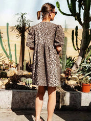 Women's Brown Leopard Print Short Puff Sleeve Dress - Versatile Comfort
