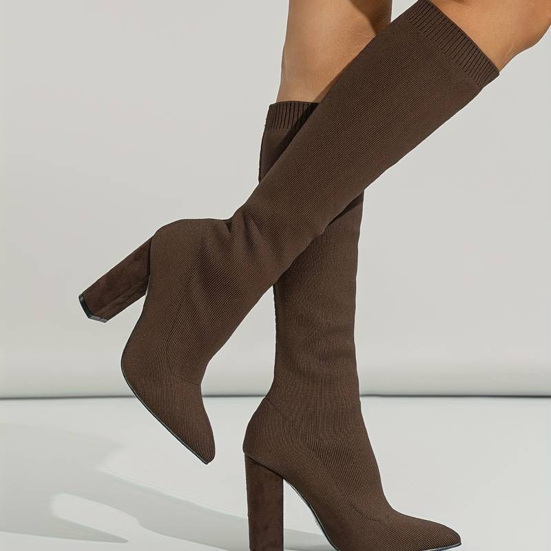 Women's Knee-High Boots - Sock Fit with Pointed Toe and High Block Heel