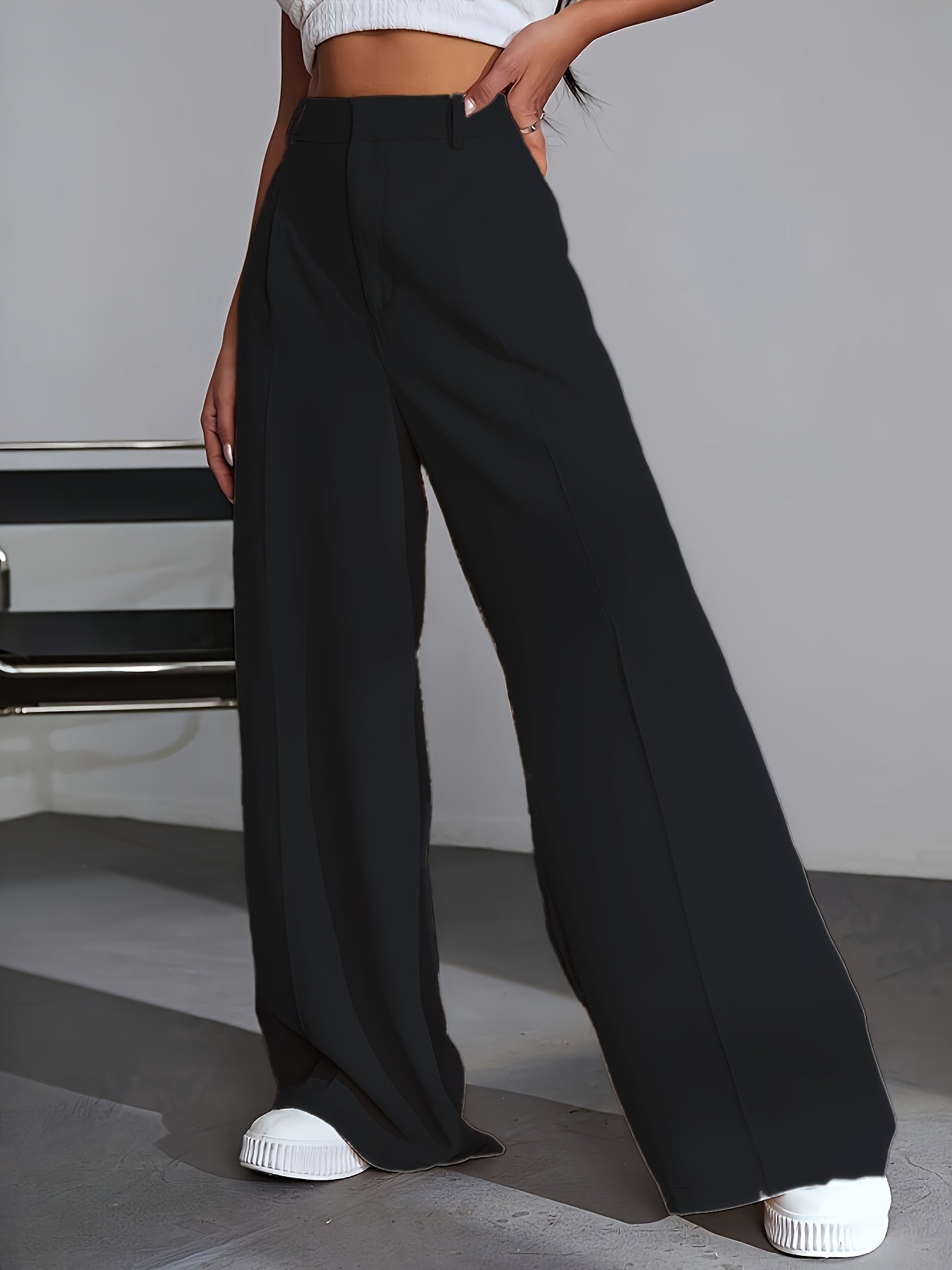 Women's High Waisted Wide Leg Trousers - Pleated Style