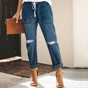 Women's Straight-Leg Jeans - Drawstring Waist & Patch Pockets