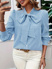 Clarisse - Elegant Checked Blouse with Bow Tie for Women