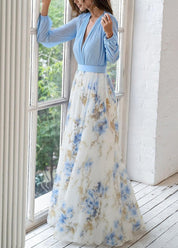 Floral Print Blue Maxi Dress for Women