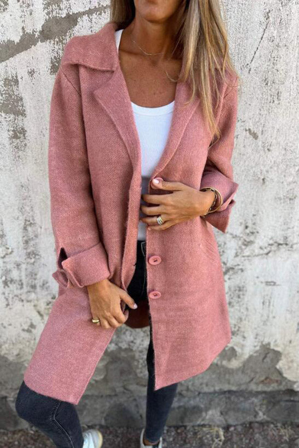 Crystalle - Solid Color Lapel Pocket Single Breasted Midi Coat for Women