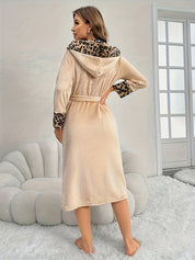 Women's Dressing Gown - Hooded with Leopard Print Trim