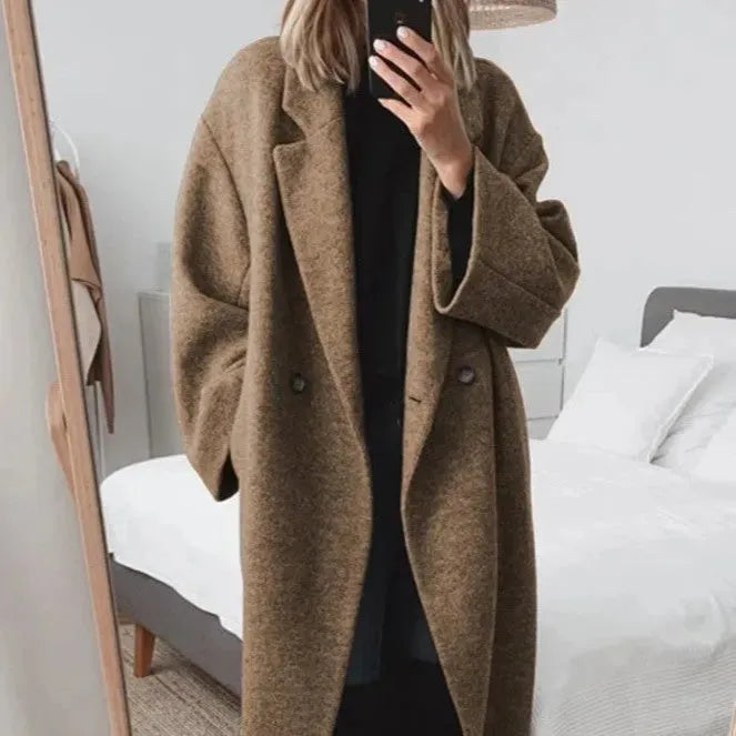 Women's Long Winter Coat - Notch Lapel Single-Button Closure