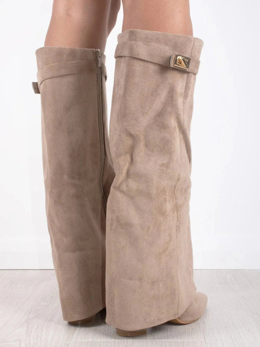 Women's Fold-Over Knee High Boots - Wide Leg with Block Heel and Pointed Toe